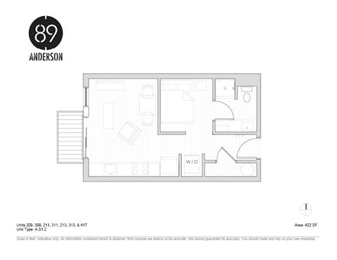 Floor plan for studio, 1 bath, 422 sqft